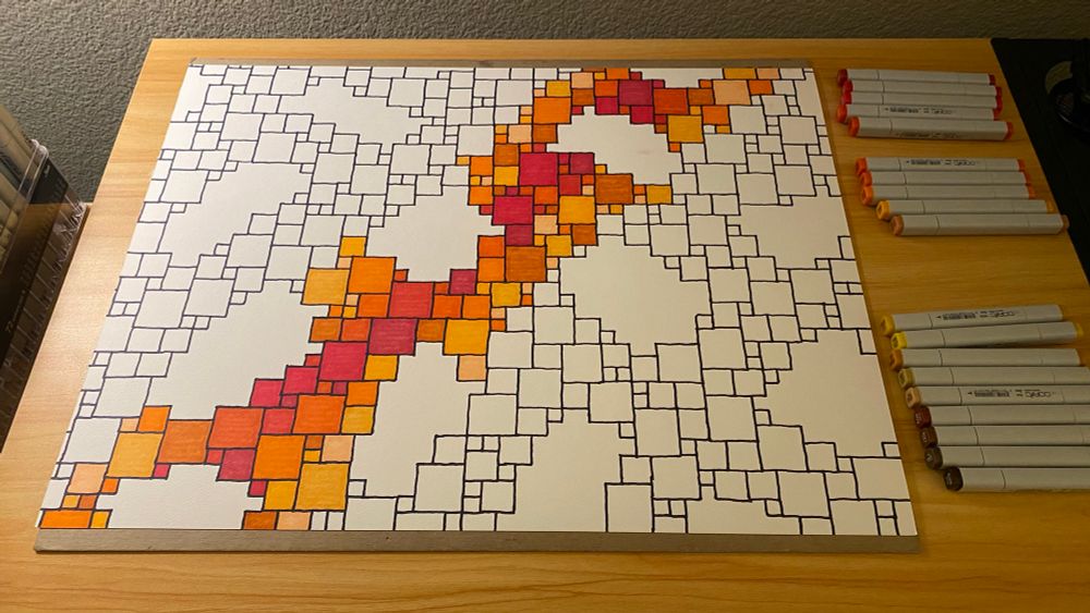 Same drawing as in previous post but now with a diagonal of reds and oranges 