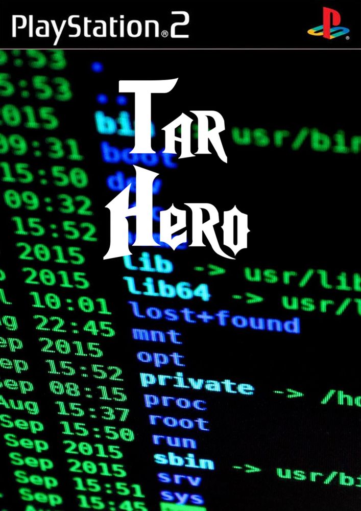 Fakey cover of video game for the Playstation 2 that is a parody of Guitar Hero, using the same font but with a screencap of a terminal session in the background