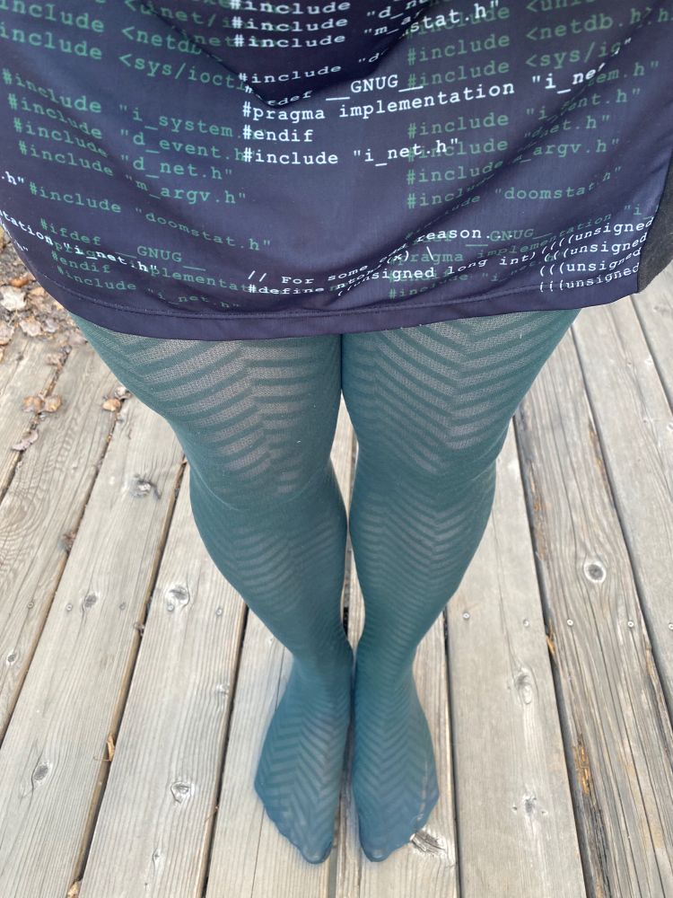 The bottom of my dress and my legs, covered with dark green tights