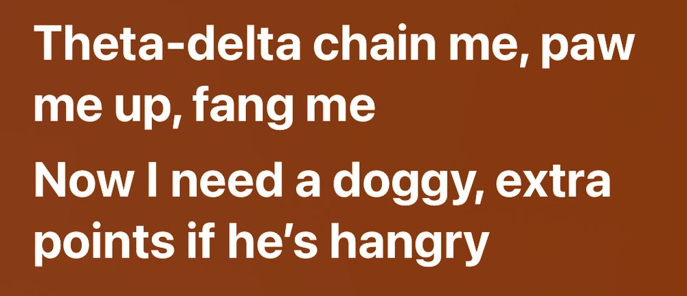lyrics from the song “jumpin the cacc”. “theta-delta chain me, paw me up, fang me / now i need a doggy extra points if he’s hangry”