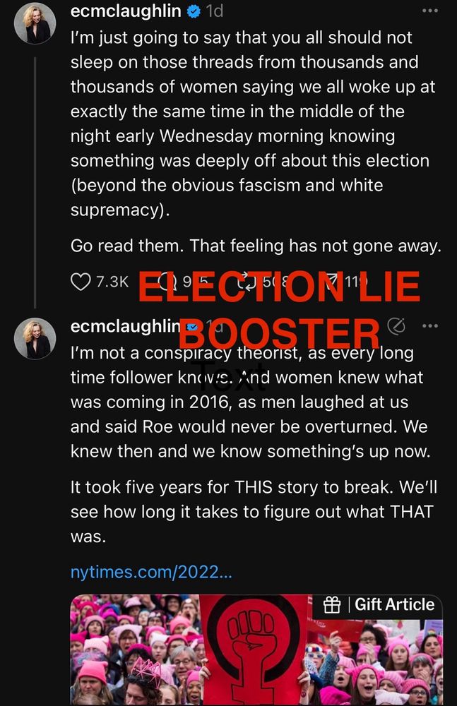 Poster name: ecmclaughlin
“I’m just going to say that you all should not sleep on those threads from thousands and thousands of women saying we all woke up at exactly the same time in the middle of the night early Wednesday morning knowing something was deeply off about this election (beyond the obvious fascism and white supremacy). Go read them. That feeling has not gone away.”
Likes: 7.3K

“I’m not a conspiracy theorist, as every long time follower knows. And women knew what was coming in 2016, as men laughed at us and said Roe would never be overturned. We knew then and we know something’s up now. It took five years for THIS story to break. We’ll see how long it takes to figure out what THAT was.”
Link to New York Times article. 

The phrase ELECTION LIE BOOSTER is superimposed over the image in bright red
