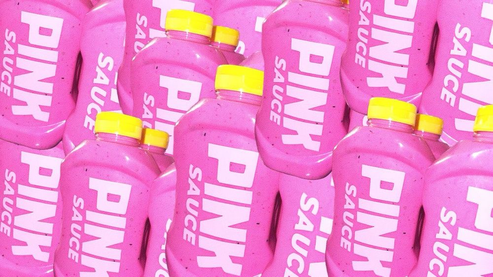 TikTok Pink Sauce bottles multiplied and cover the image