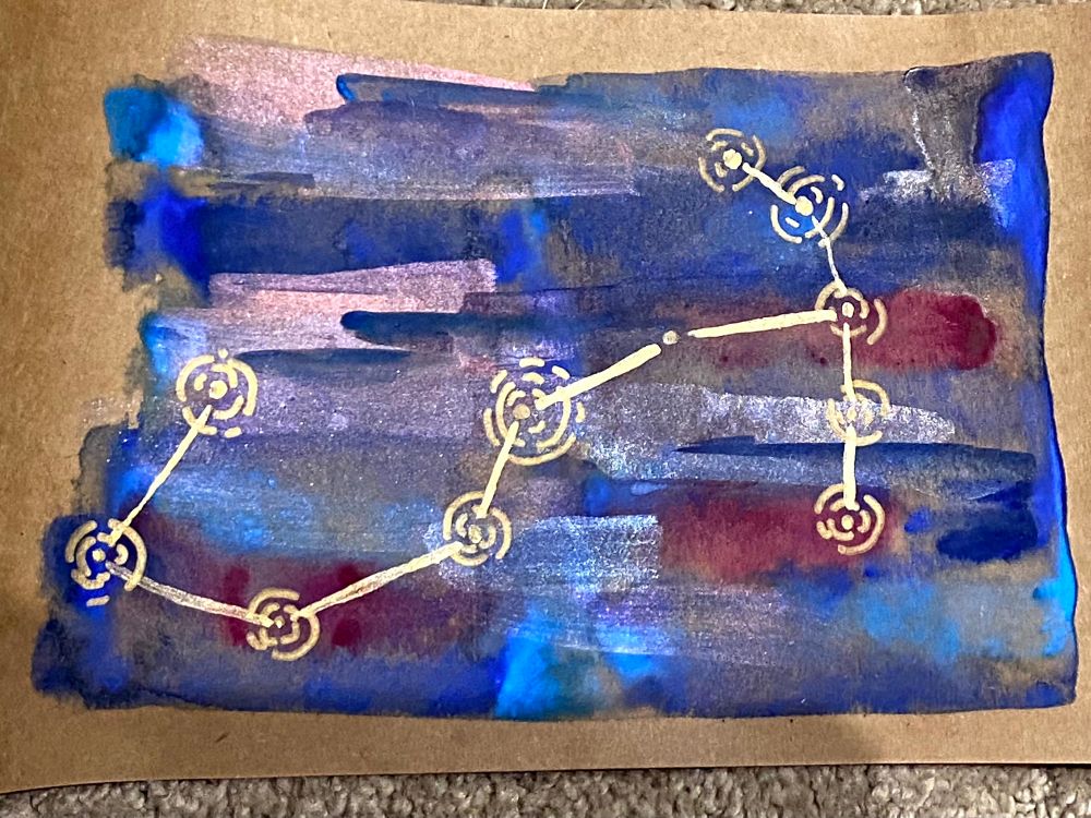 A watercolor constellation that is gold, over a shiny watercolor background that is berry colored and royal blue with purple streaks 