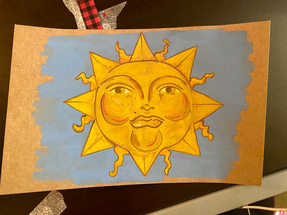 A gouche paining of a old Victorian style sun with a face staring forward. It is on a light blue background 