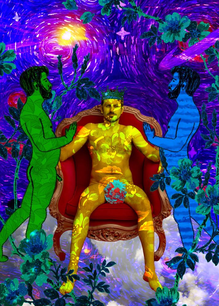 A vibrant digital collage featuring a nude queer sitting in a throne, only covered by a bouquet of flowers. They are colored yellow with a floral overlay, and wear a crown made of stars. They are flanked by two illustrations of another nude queer, each with their hand on the throne and stepping toward the king. The throne stands on a collage of clouds, star and planet paintings. 