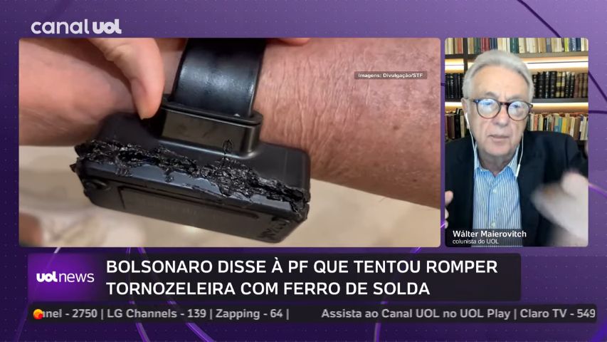 Transmissão do Canal UOL com o colunista Walter Maierovitch comentando sobre a tentativa de Jair Bolsonaro de romper uma tornozeleira eletrônica com ferro de solda. A imagem mostra de perto o dispositivo danificado, com sinais de derretimento e violação. Texto na tela inclui manchetes e informações de canais de TV.
