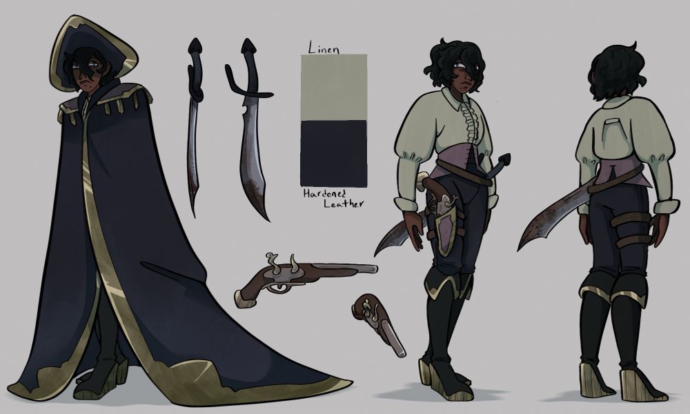 A character sheet of a female pirate. In one pose, she is wearing a dark blue hat and cape that obscures all of her features. In another pose, she is shown without the hat and cape. She has dark hair and brown skin. She is wearing a cotton blouse with a pink corset, dark blue pants, and a gun holster on her hip.
The last pose is what the blouse, corset, pants, and shoes look like from the back.
The sheet shows a rust stained sword and a flintlock pistol.