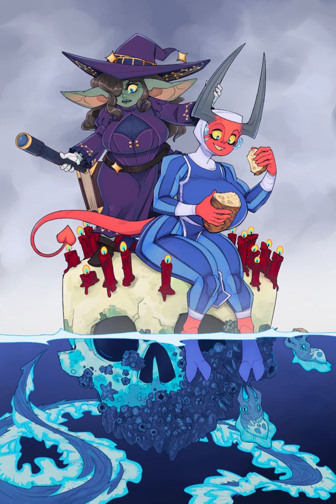 Nil, goblin witch, and Dahlia, infernal cleric, are drifting along a barnacle-encrusted giant skull. Dahlia is feeding the cuddlefish like creatures with Bread. Nil is alarmed as she notices a giant jellyfish-like tendril