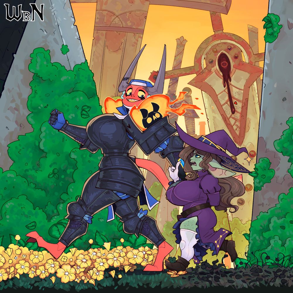 Dahlia, infernal cleric, and Nil, goblin witch, are strolling through a forest composed of giant ancient swords. Dahlia gives a cheerful expression as Nil seemingly chides her. The flowers wilt underneath Nil’s foot steps.