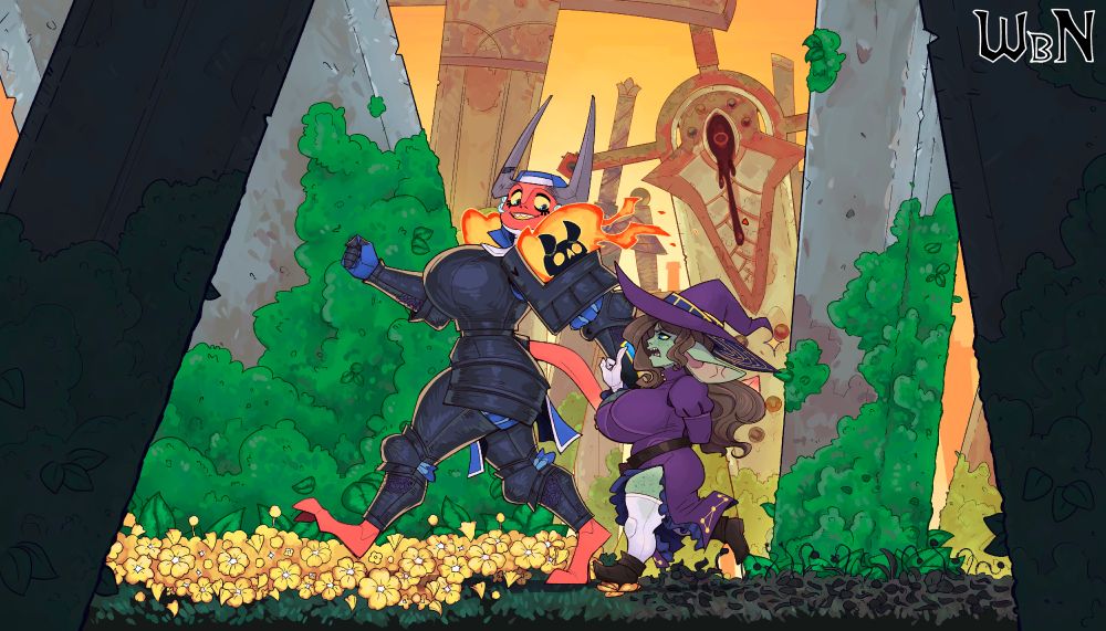 Dahlia, armored tiefling, and Nil, goblin witch, having a stroll through a forest made of giant swords. The flowers wilt after Nil's wake.