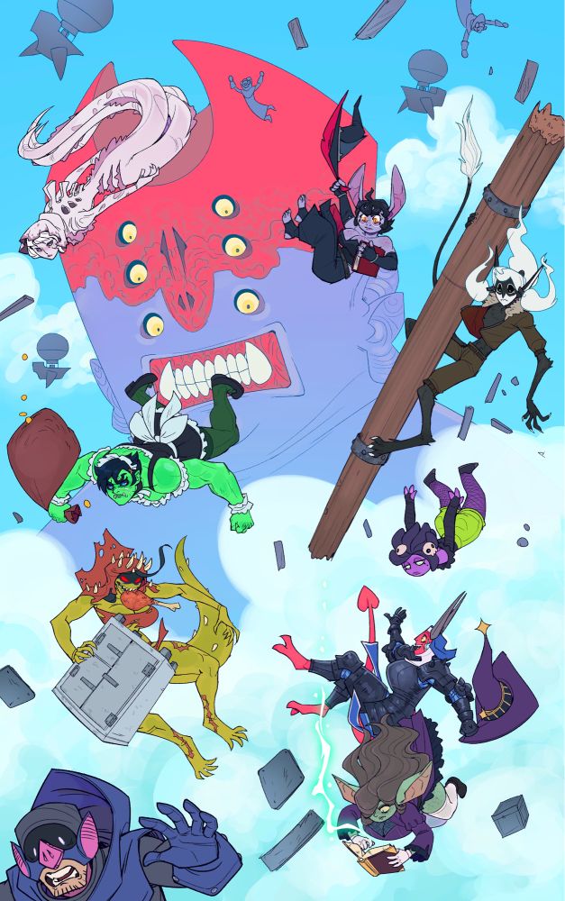 A wide variety of monster girls falling from an exploring airship. There’s a gigantic eldritch entity in the background being fruitlessly seized by other airships.