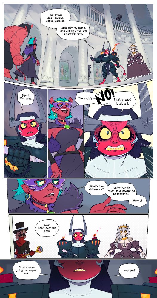 Dahlia and her crew meet up with a rival gang (Blood Works) that Dahlia has some history with. They temporarily have a 'ceasefire' as they 'work' together to undo the stasis magic over The Palace of Heart's desire.

Things almost went okay but even after everything the Blood Works still can not find it within themselves to respect her.

So Dahlia and crew did the only self-respecting DnD party thing and kicked the shit outta them.