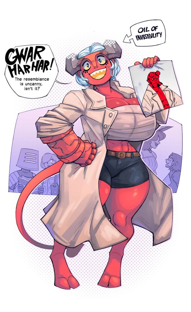 Dahlia, tiefling, dressed up as the comic book character, hellboy. Honestly a really cool character. Read the comics! Do it now