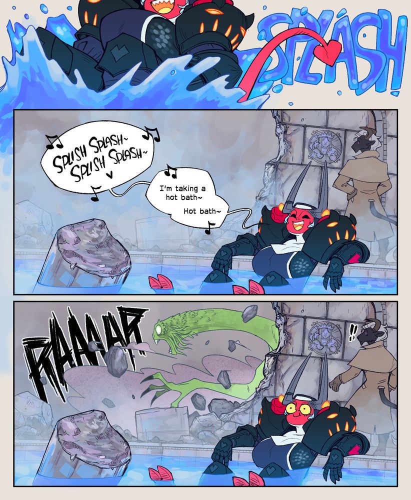 Dahlia having a fun time at an open hot bath and then the Jabberwock wakes up to cause problems.