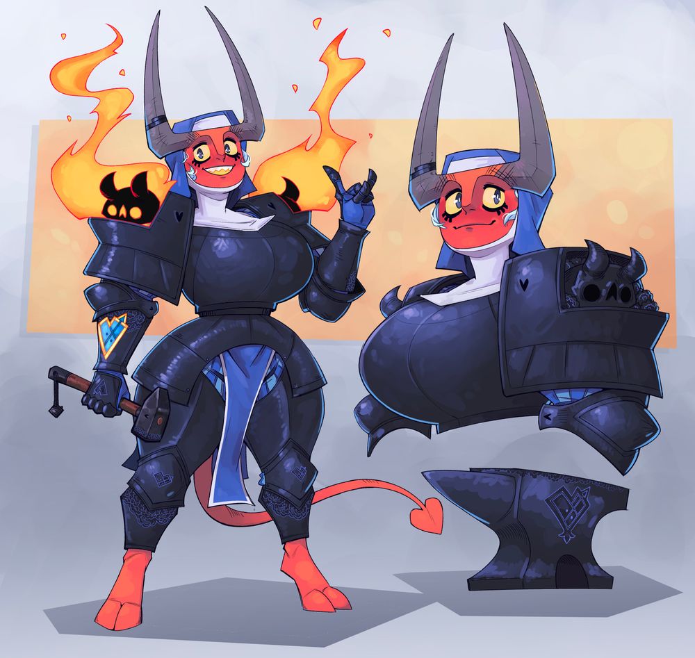 Dahlia Scratch, infernal, is wearing black fullplate armor. Her pauldron is on fire. She's making a devil-horn hand gesture with her hand while smiling