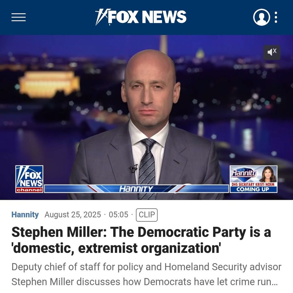 Screen grab  of Stephen Miller. Caption or chyron reads:   Stephen Miller: The Democratic Party is a
'domestic, extremist organization'
Deputy chief of staff for policy and Homeland Security advisor Stephen Miller discusses how Democrats have let crime