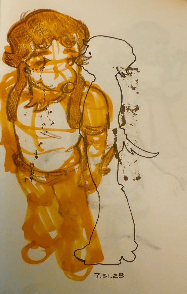 A slightly overhead shot of my sona, Nico, a humanoid dog furry drawn in orange marker. This overlays a contour silhouette of him drawn in pen.