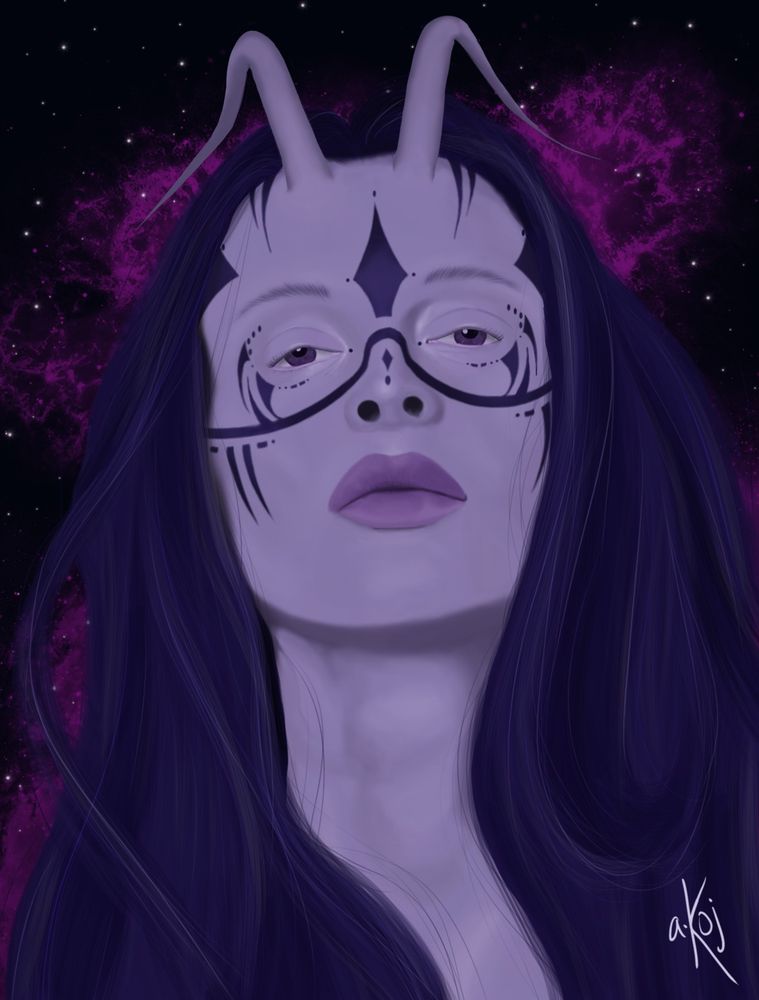 A purple man with antennae looks head on at the camera, chin tilted up. He has long purple hair and dark purple man on his face. The background is a night sky with purple nebulae.