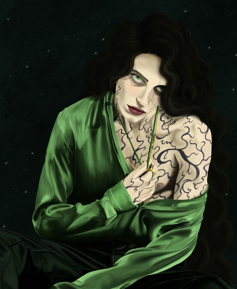 Digital painting of a white male with long, wavy black hair, a green silk shirt off of one shoulder, and leather pants. Deep green backdrop with stars.