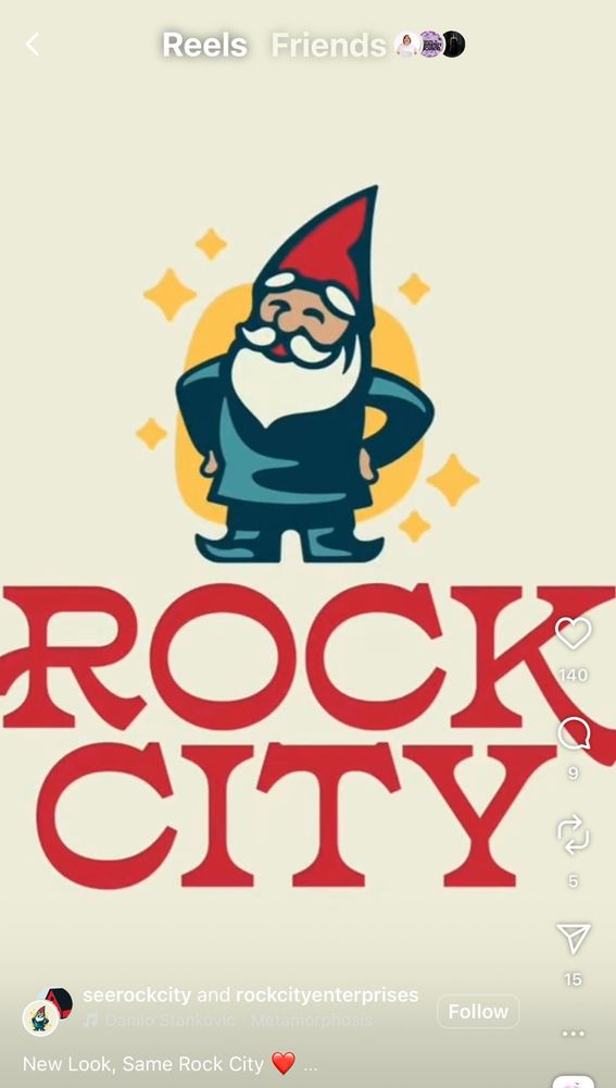 A reel showing the new rock city logo featuring a new take on the classic gnome and a new throwback font. The gnomes arms are wonky and the coloring screams ai