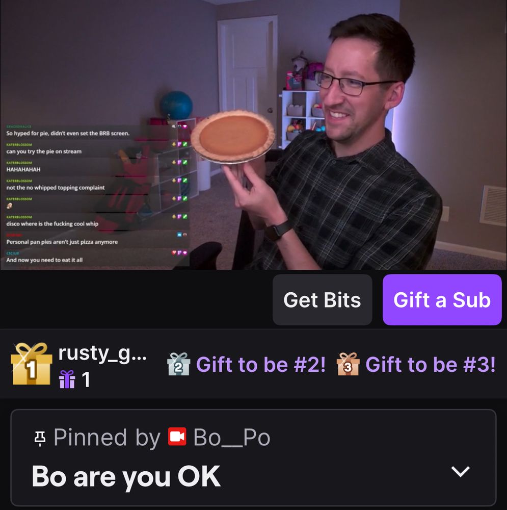 A screenshot of Bo Po holding a pumpkin pie with the pinned chat message below saying “Bo are you OK”