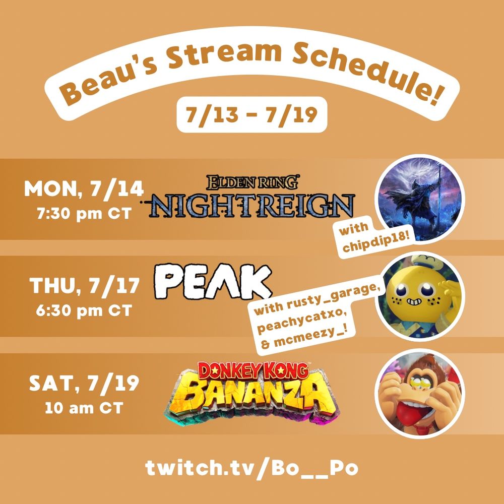 A stream schedule for Twitch.tv/Bo__Po featuring Elden Ring Nightreign on 7/14, PEAK on 7/17, and Donkey Kong Bananza on 7/19