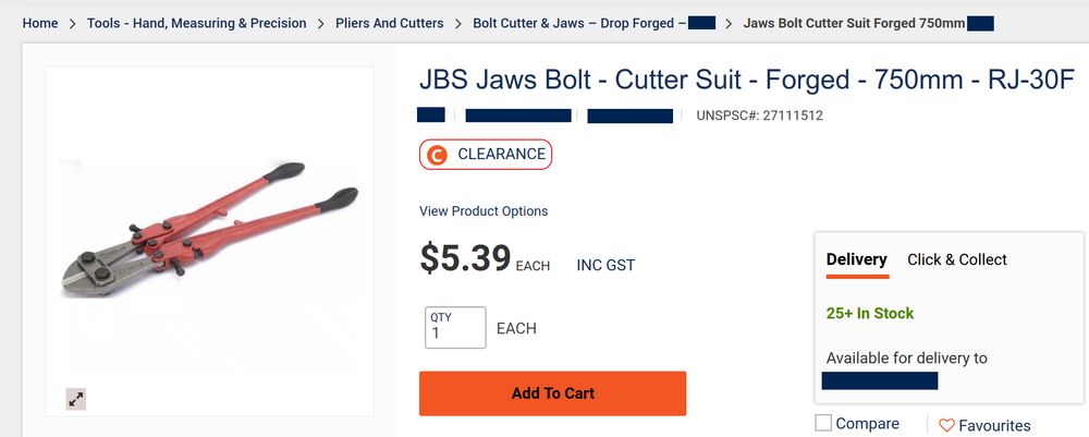 Web store page for a set of bolt cutters on special.