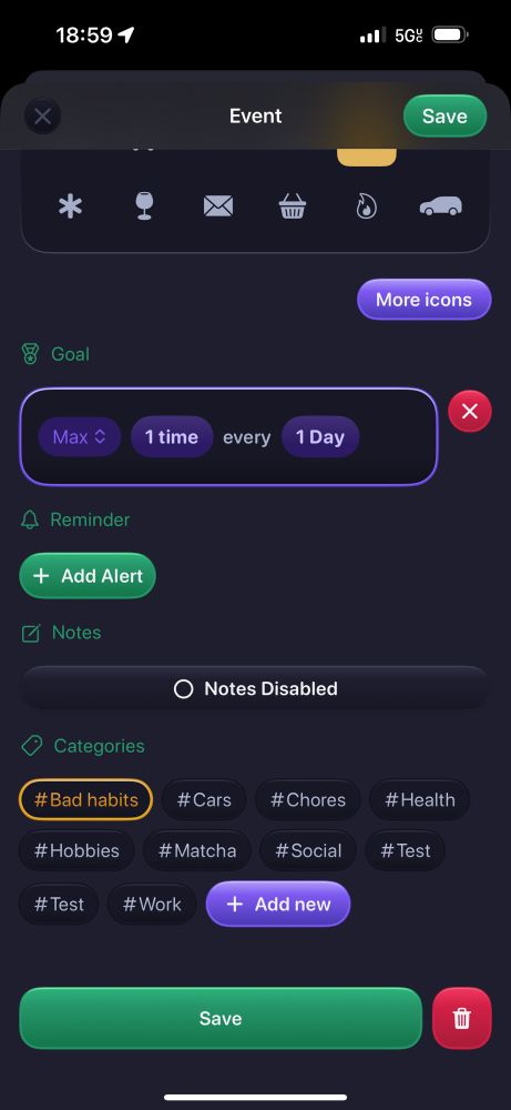 The activity editor in Long Ago app supports tracking positive and negative goals and setting multiple categories 
