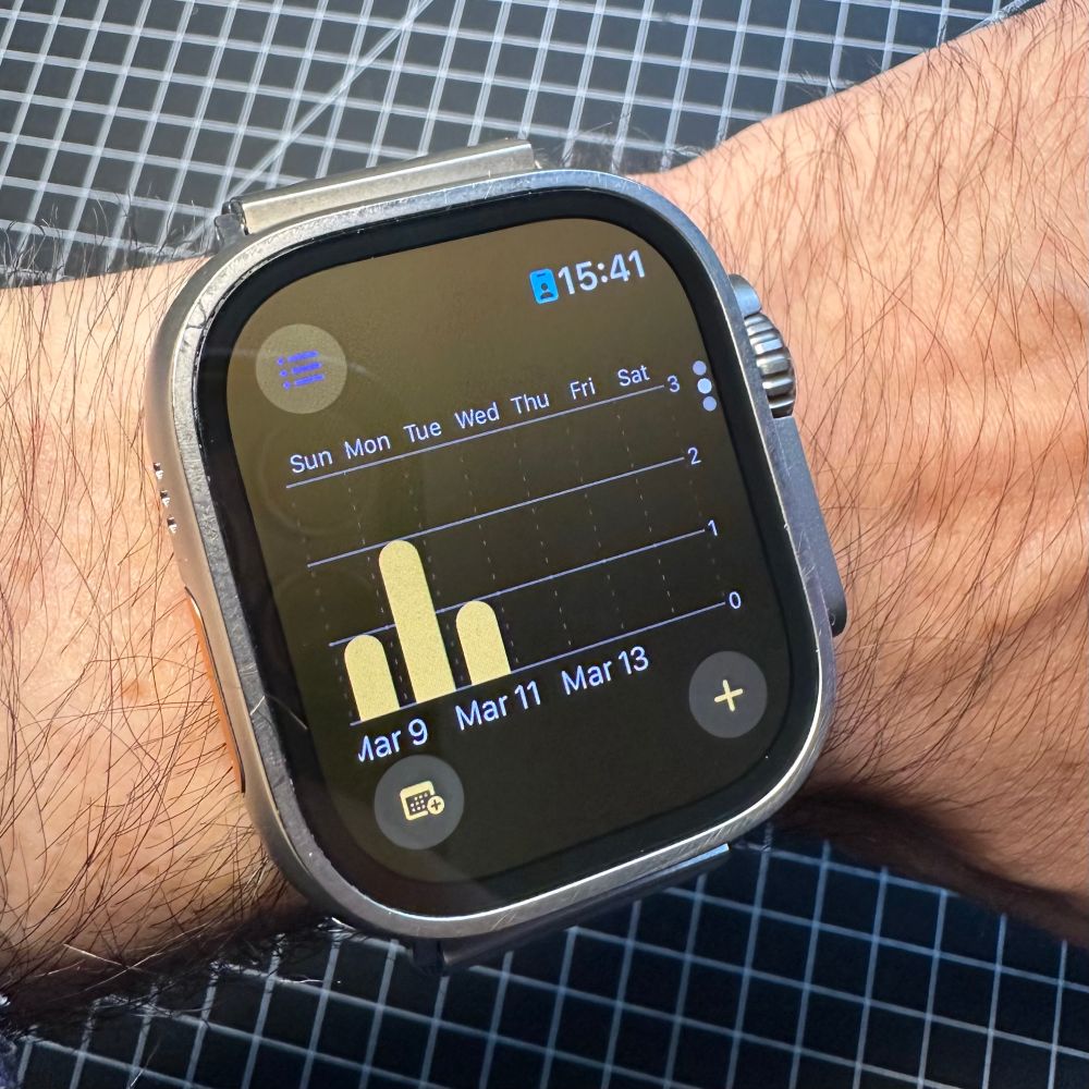 Long Ago Apple Watch app showing a graph of how many cups of coffee I drink per day this week