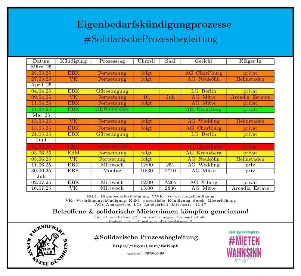 Liste von vergangenen und anstehenden Prozessen zu denen wir zu solidarischen Prozessbegleitung aufrufen. https://buff.ly/H1K6DGw