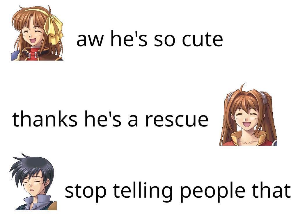 Anelace: aw, he's so cute!
Estelle: thanks, he's a rescue!
Joshua: stop telling people that