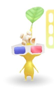 A yellow pikmin with a popcorn hat and a pair of 3d glasses