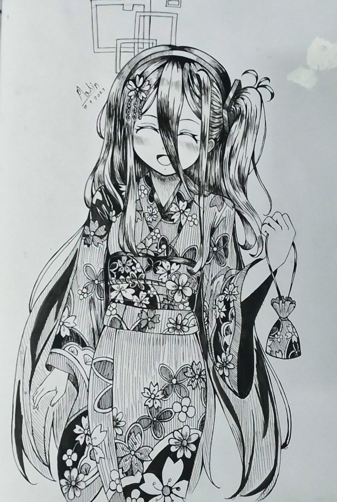 Arisu Tendo from Blue Archive wearing Yukata drawing on paper with G-Pen black ink 