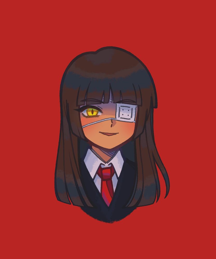 Dibujo sobre fondo rojo de una chica de pelo castaño con flequillo, con un ojo gatuno y amarillo y el otro tapado por un parche blanco. Viste un traje negro, camisa blanca y corbata roja. 