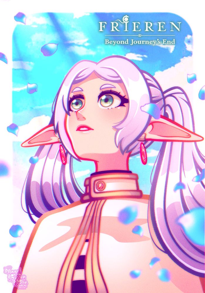 Fanart of Frieren (an elf girl) doing the face meme where she’s looking up at a cloudy blue sky with blue flower petals blowing away in the foreground
