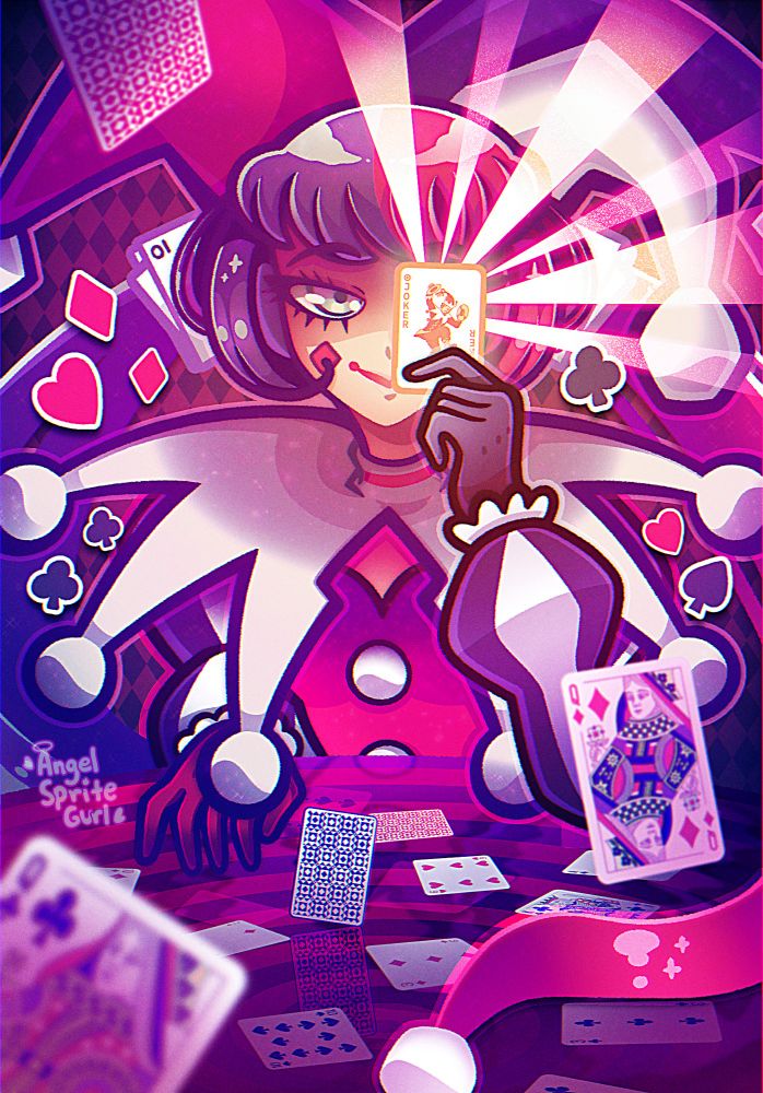 Fanart of Jester Miku (Design from @kaatokunart) holding a joker card