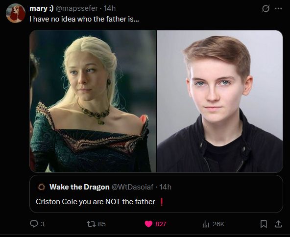 a screenshot of posts reacting joyfully to Charlie Gordon's casting as Daeron Targaryen. The first post says "Criston Cole you are NOT the father!!". The second one quotes the initial post with a portrait of Rhaenyra and one of Charlie Gordon, saying "I have no idea who the father is..."