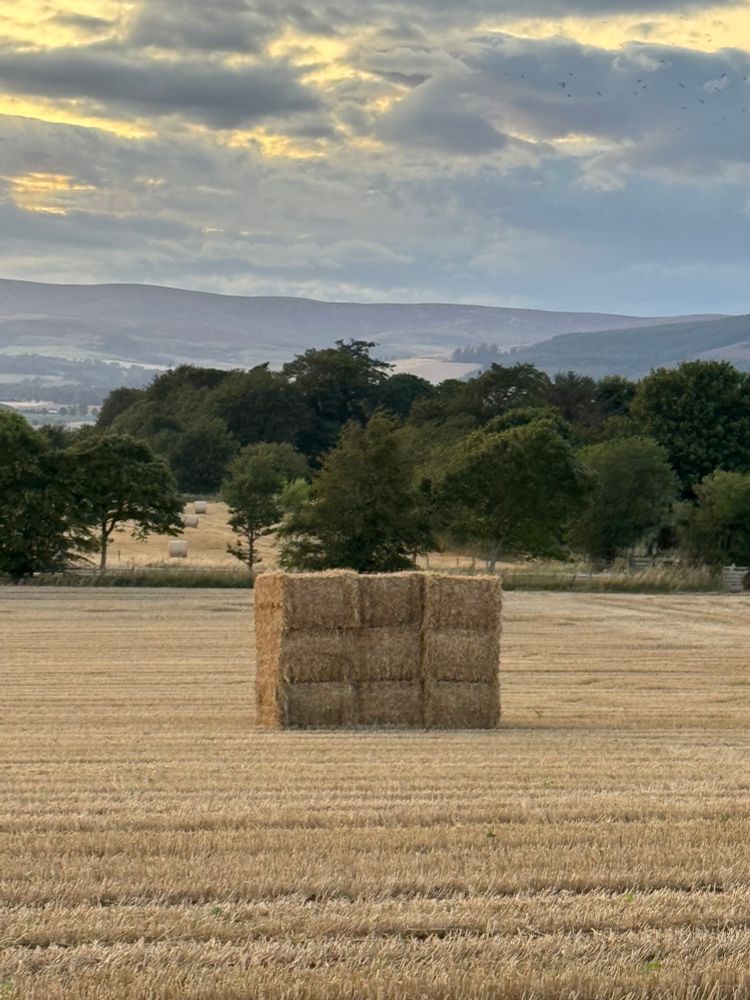 photo of a stubble field at dusk, with trees and hills in the background. in the middle of the field is a square stack of rectangular hay bales, it’s pretty tall 
