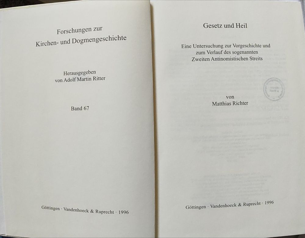 "Gesetz und Heil - Eine Untersuchung zur Vorgeschichte und zum Verlauf des sogenannten Zweiten Antinomistischen Streits". Von Matthias Richter. Forschungen zur Kirchen- und Dogmengeschichte Band 67. Göttingen Vandenhoeck & Ruprecht 1996.