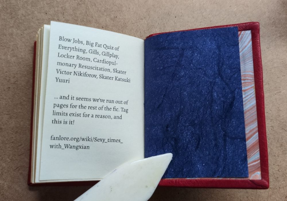 The list of the fic's tags continues onto the final page of the book, finishing up with "Blow Jobs, Big Fat Quiz of Everything, Gills, Gillplay, Locker Room, Cardiopulmonary Resuscitation, Skater Victor Nikiforov, Skater Katsuki Yuuri"

Below that, the text reads "… and it seems we’ve run out of pages for the rest of the fic. Tag limits exist for a reason, and this is it!" followed by a link to the fic's fanlore page: fanlore.org/wiki/Sexy_times_with_Wangxian