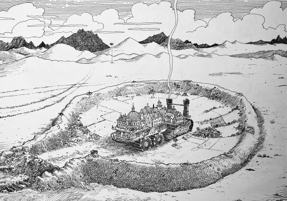A drawing I made while writing Bridge of Storms, showing a small mobile city sheltering inside an earthwork.