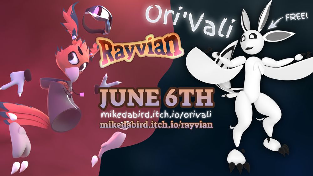 Rayvian and Ori'Vali (the latter being free) are being released on June 6th, just in time for Furality. https://mikedabird.itch.io/rayvian and https://mikedabird.itch.io/orivali
