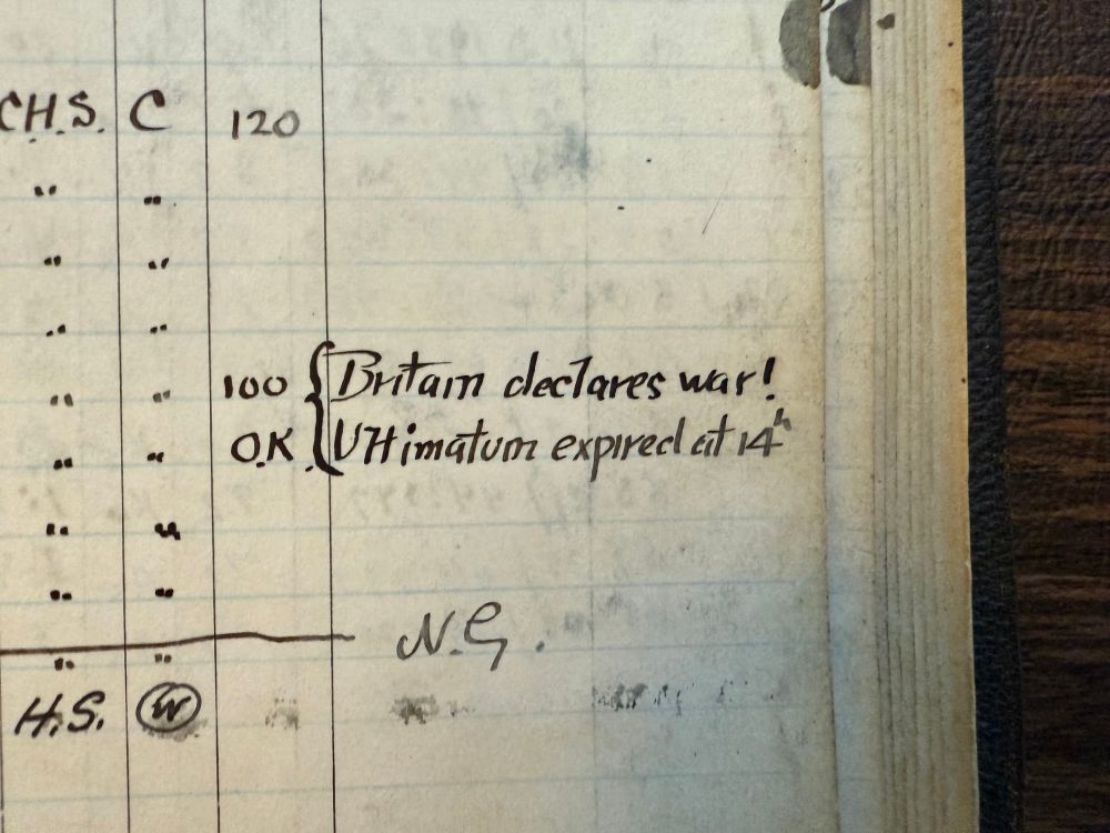 Close up of logbook with written remark by the telescope operator “Britain declares war! Ultimatum expired at 14h”