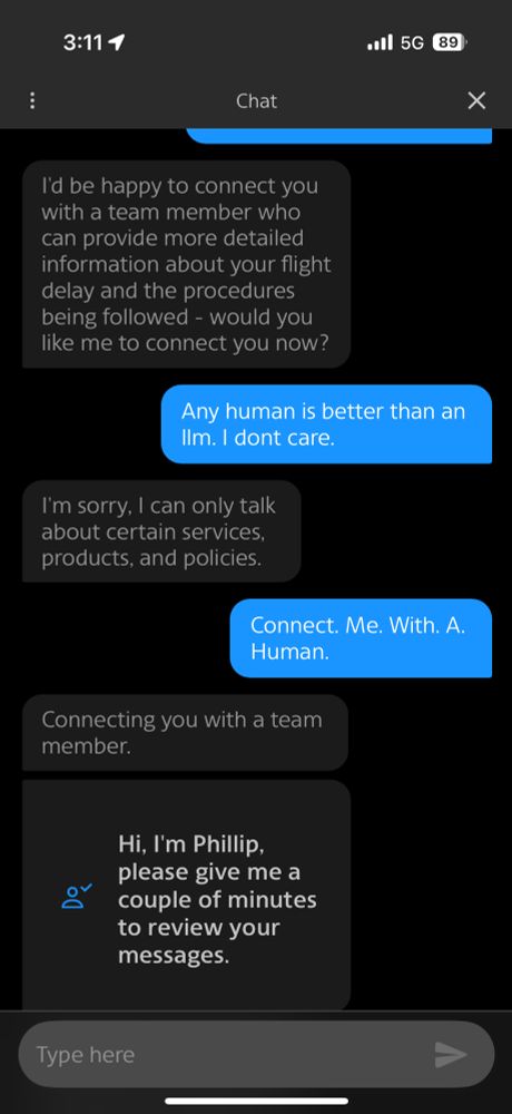 Screenshot of an American Airlines app chat where I am connected with a real human 