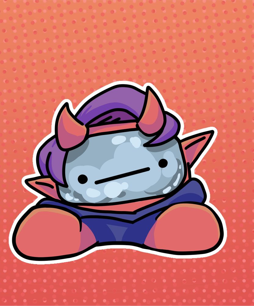 An among us bean of Rubberross, themed as his red demon character. He’s sitting down on the ground. 