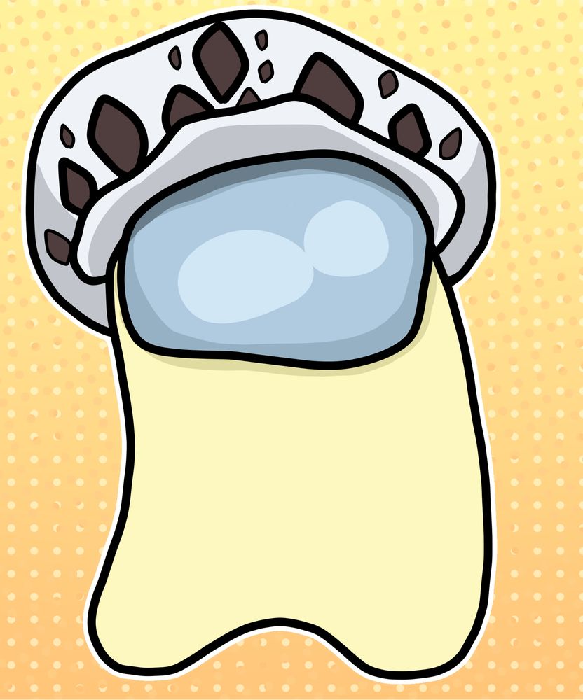 A light yellow among us bean of Bobbywasabi wearing a white hat with black spots. 