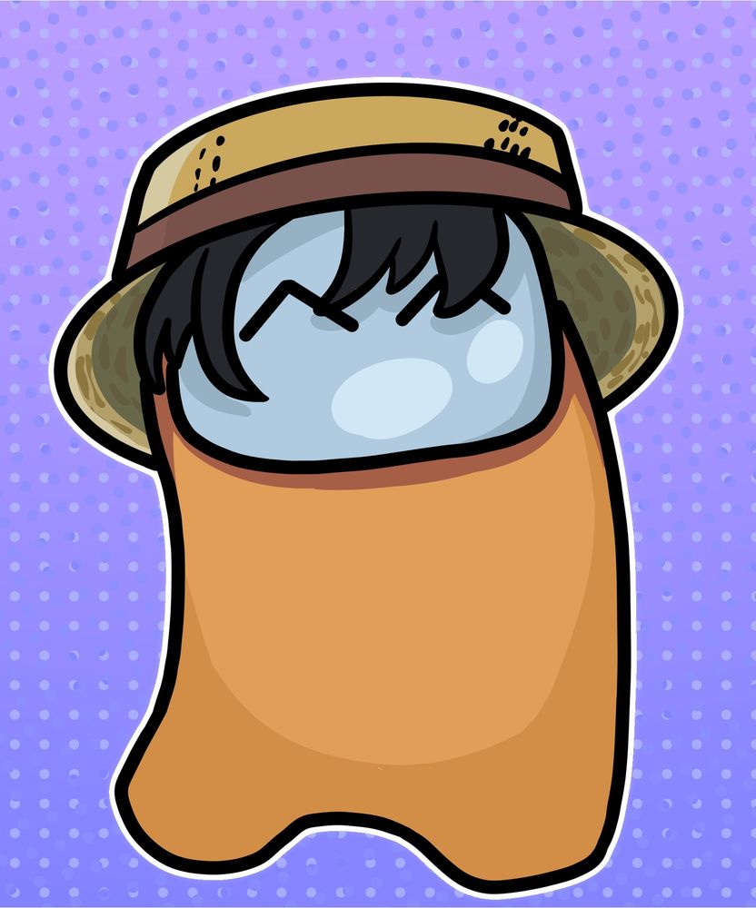 An orange among us bean of Jome wearing a straw hat. 