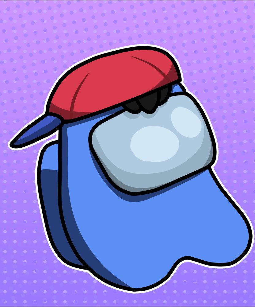 A blue among us bean of Rickles wearing a red and blue hat backwards. 