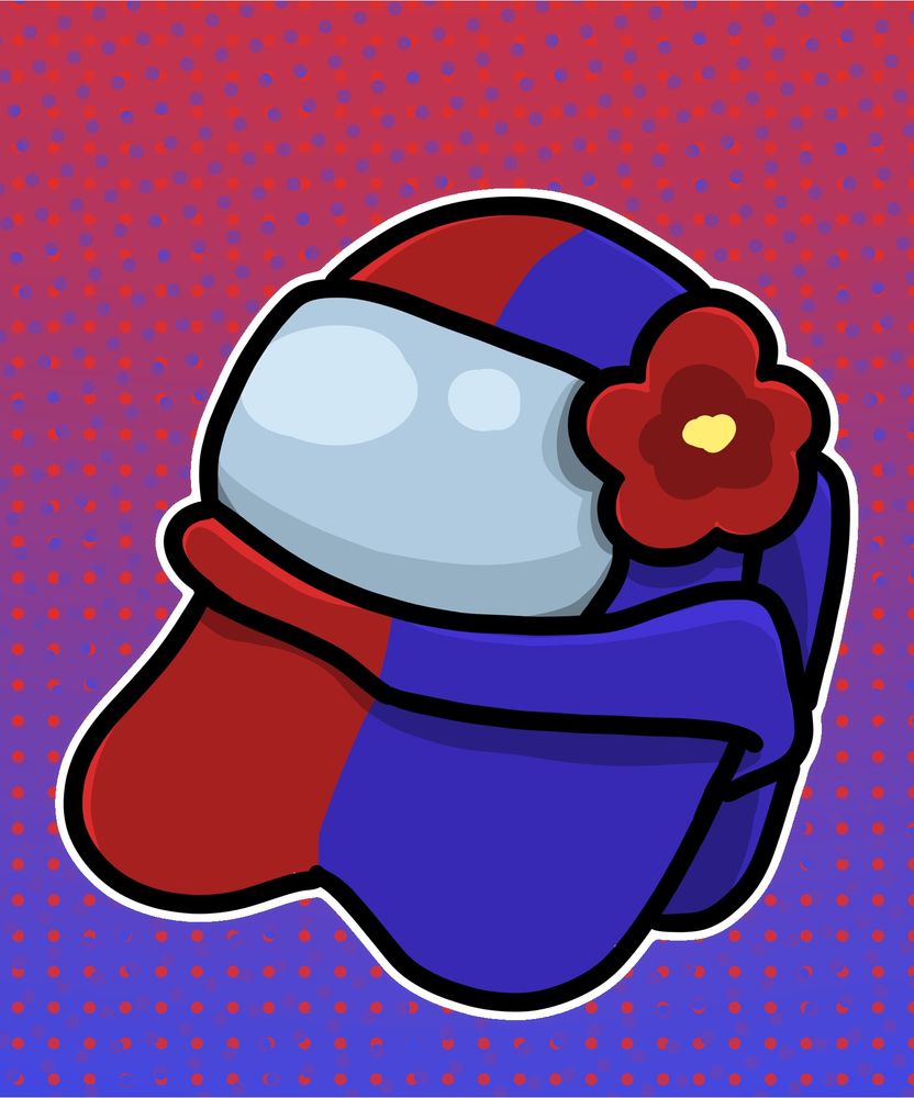 A half red half blue among us bean of Fyrus with a red flower next to its mask. 