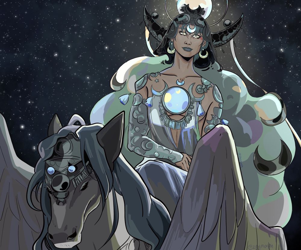 A digital drawing of Yeosang of Ateez as Selene from Hades 2. Yeosang is wearing a light blue/white dress with lots of silver jewelry with blue stones and tassels along his collar and chest. He has armor sleeves on his arms, and a dark grey helmet with a moon over it, with two long orange/green/and blue ribbons. He has a glowing crescent moon over his forehead and large crescent moon earrings. He has long green hair, and is riding a Pegasus that has silver armor with two blue stones on its head. There’s a dark starry background, and he had a slight yellow glow behind his head. 